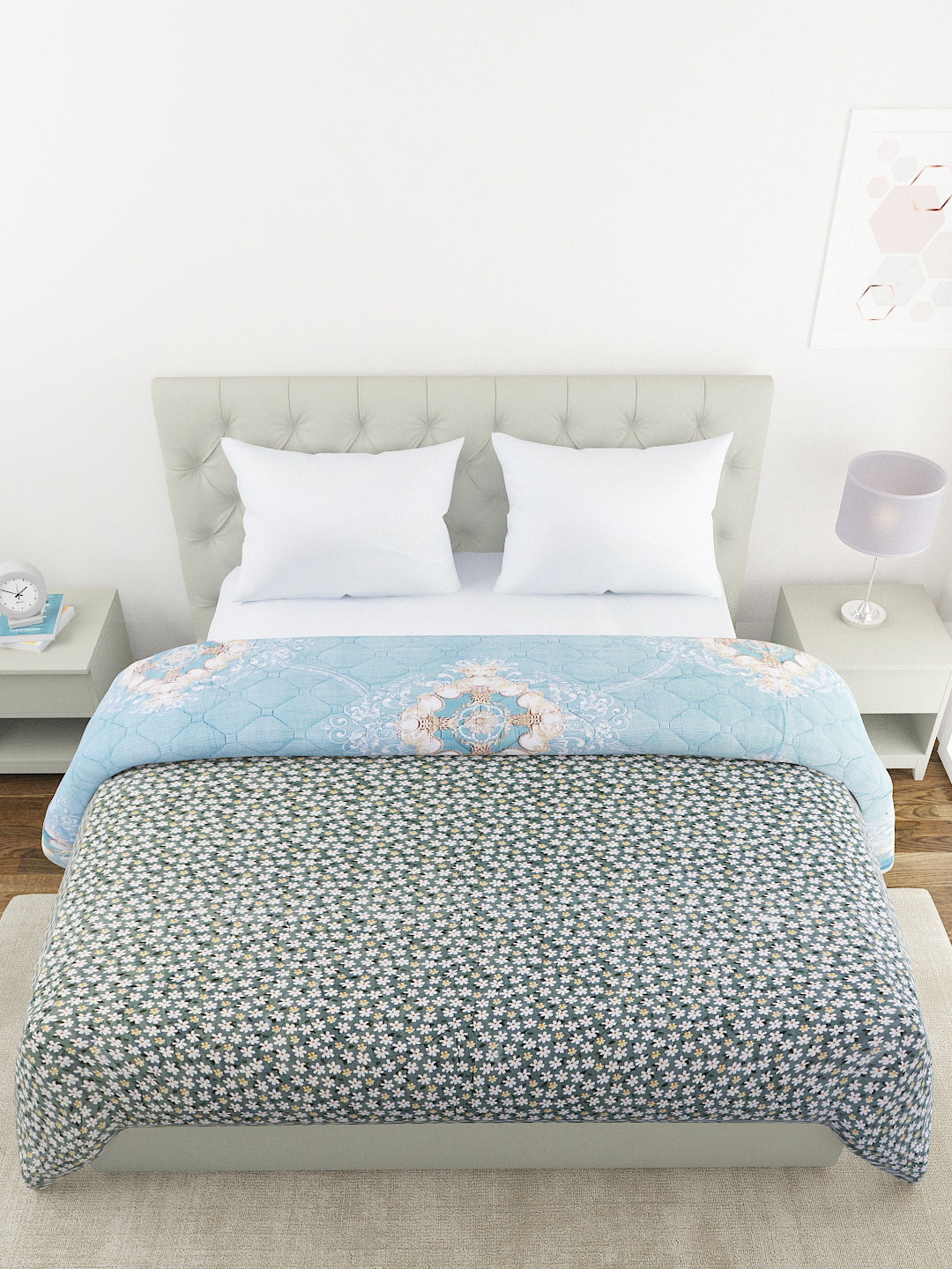 Floral Print Double Bed Light Weight Comforter- Sea Blue