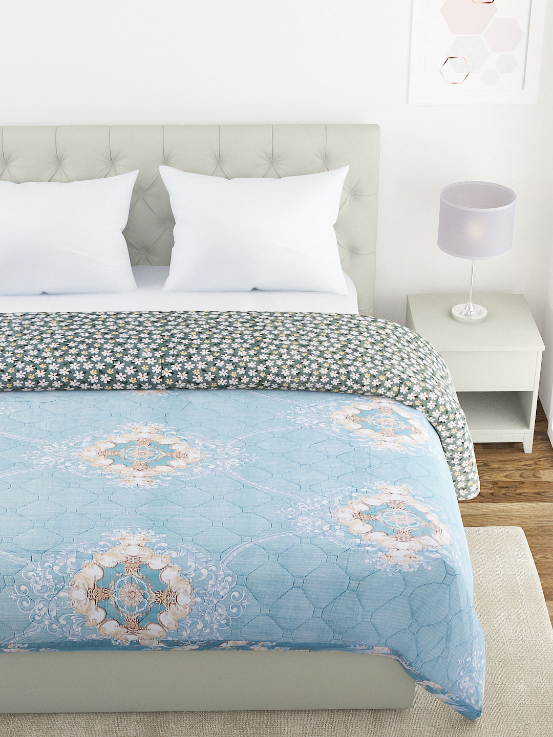 Floral Print Double Bed Light Weight Comforter- Sea Blue