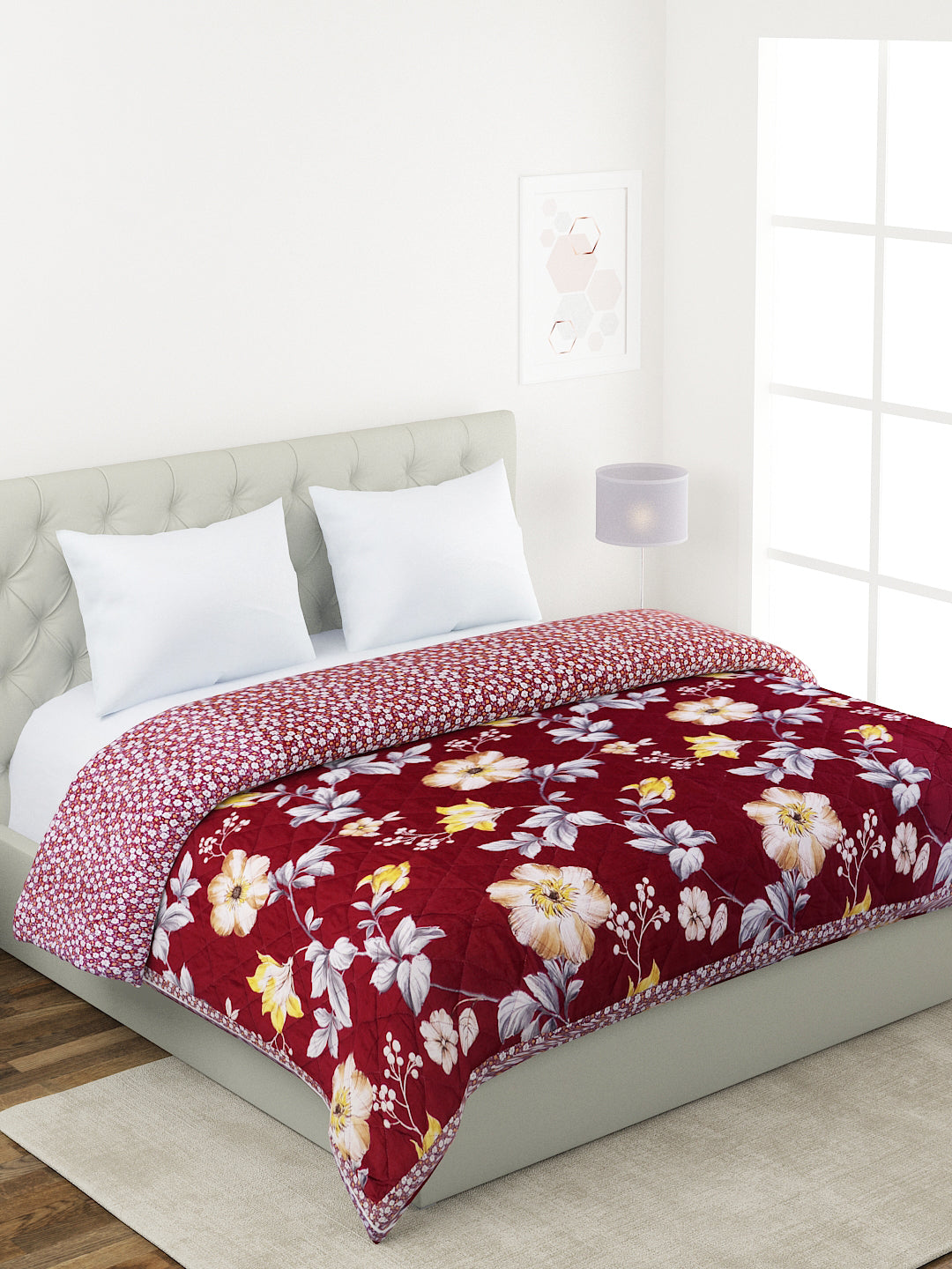 Floral Print Double Bed Light Weight Comforter- Coffee Brown