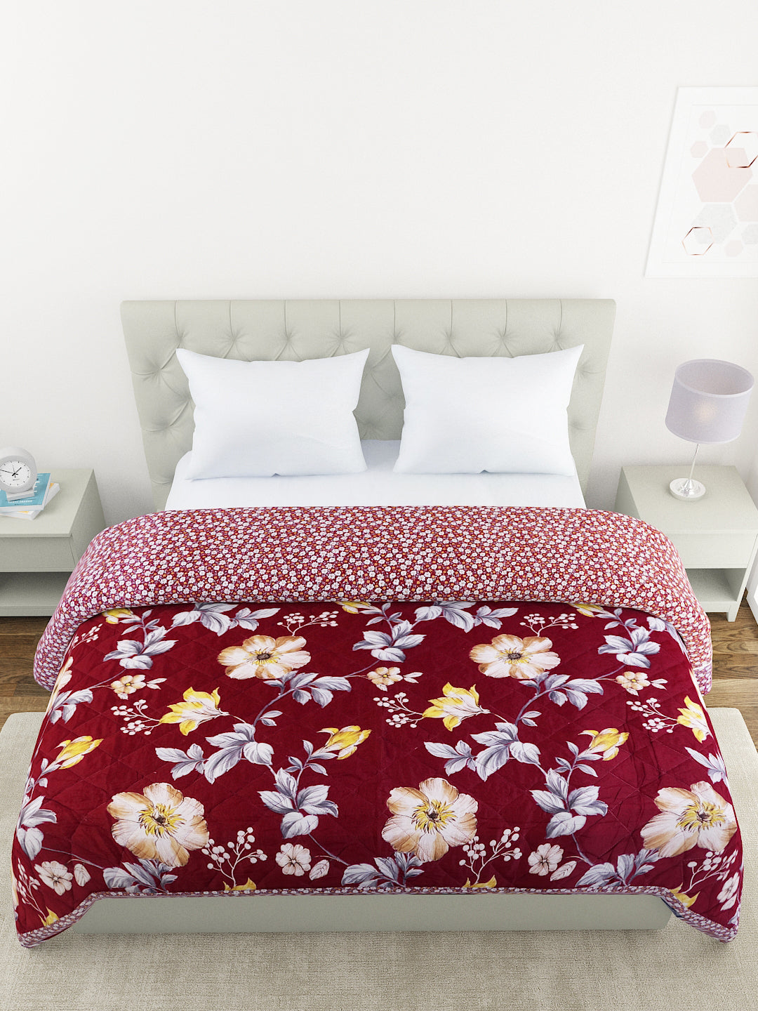 Floral Print Double Bed Light Weight Comforter- Coffee Brown