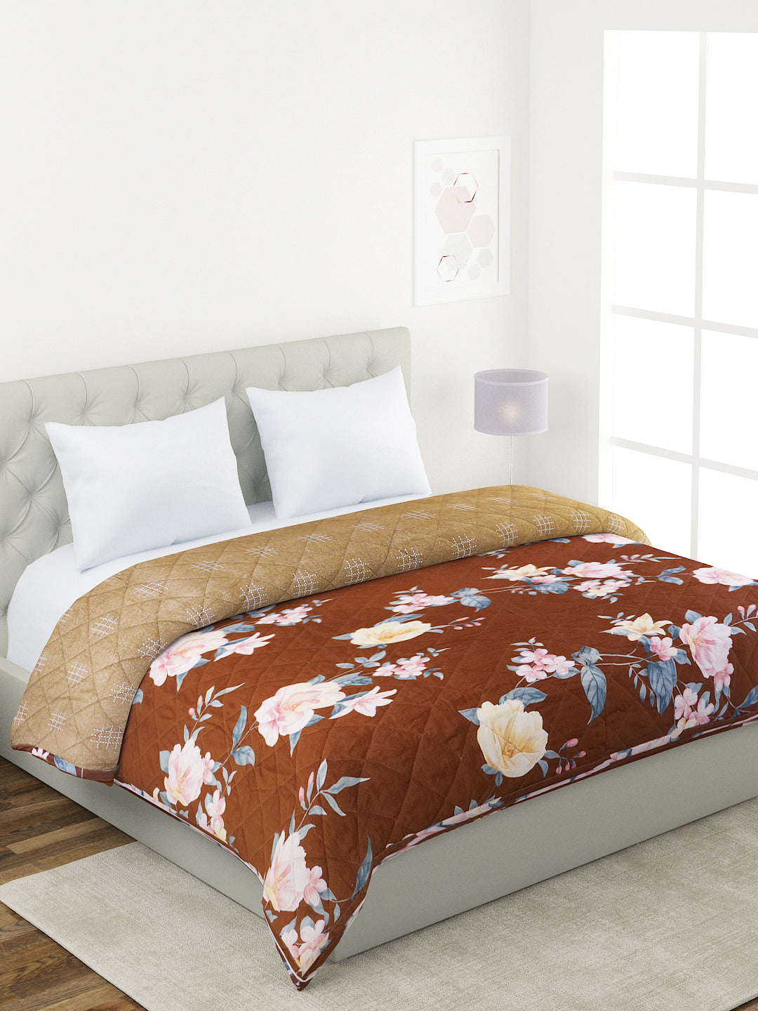 Floral Print Double Bed Light Weight Comforter-Brown