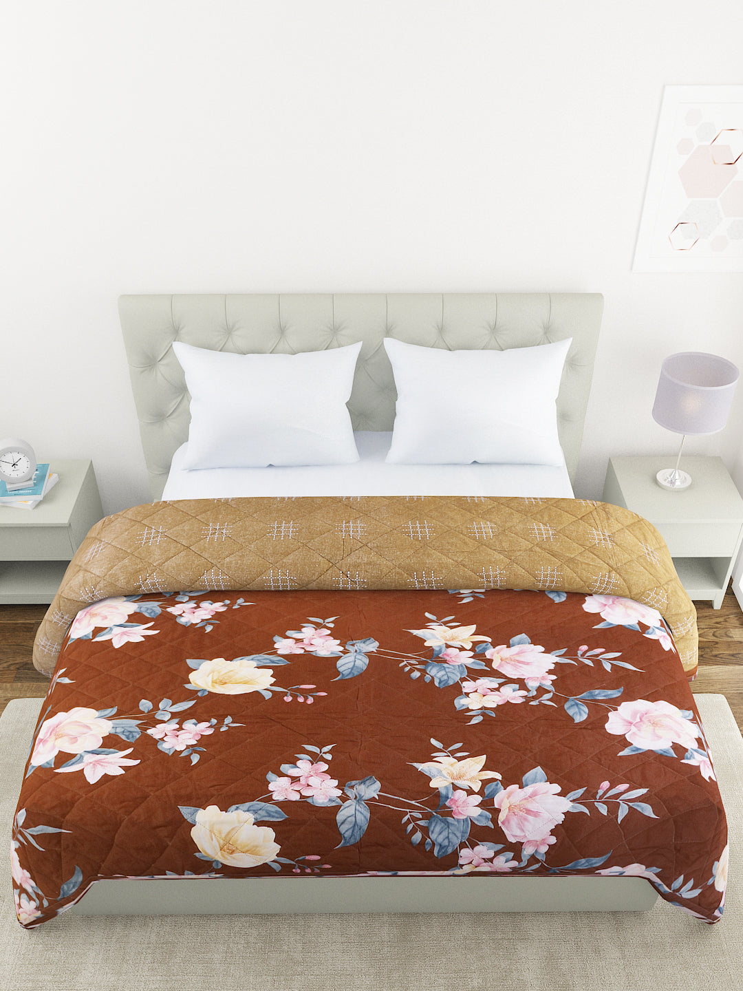 Floral Print Double Bed Light Weight Comforter-Brown
