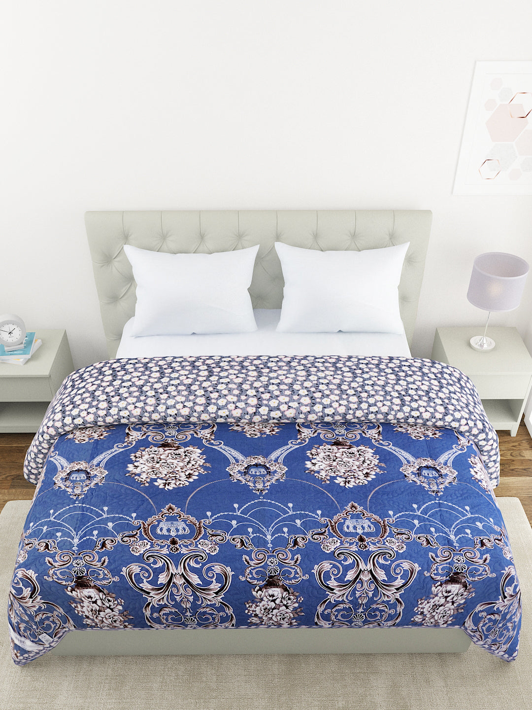 Floral Print Double Bed Light Weight Comforter-Blue & Grey