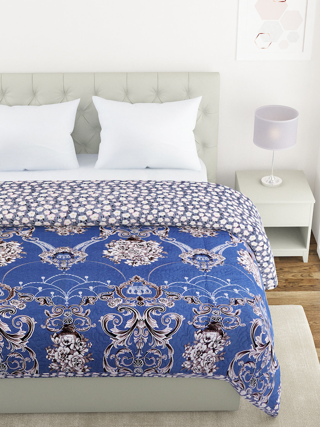 Floral Print Double Bed Light Weight Comforter-Blue & Grey