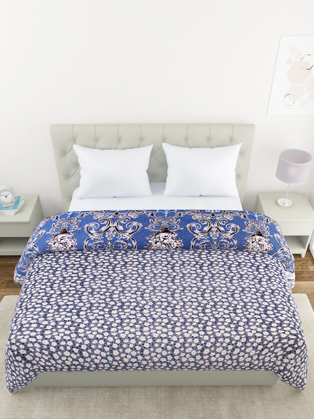 Floral Print Double Bed Light Weight Comforter-Blue & Grey
