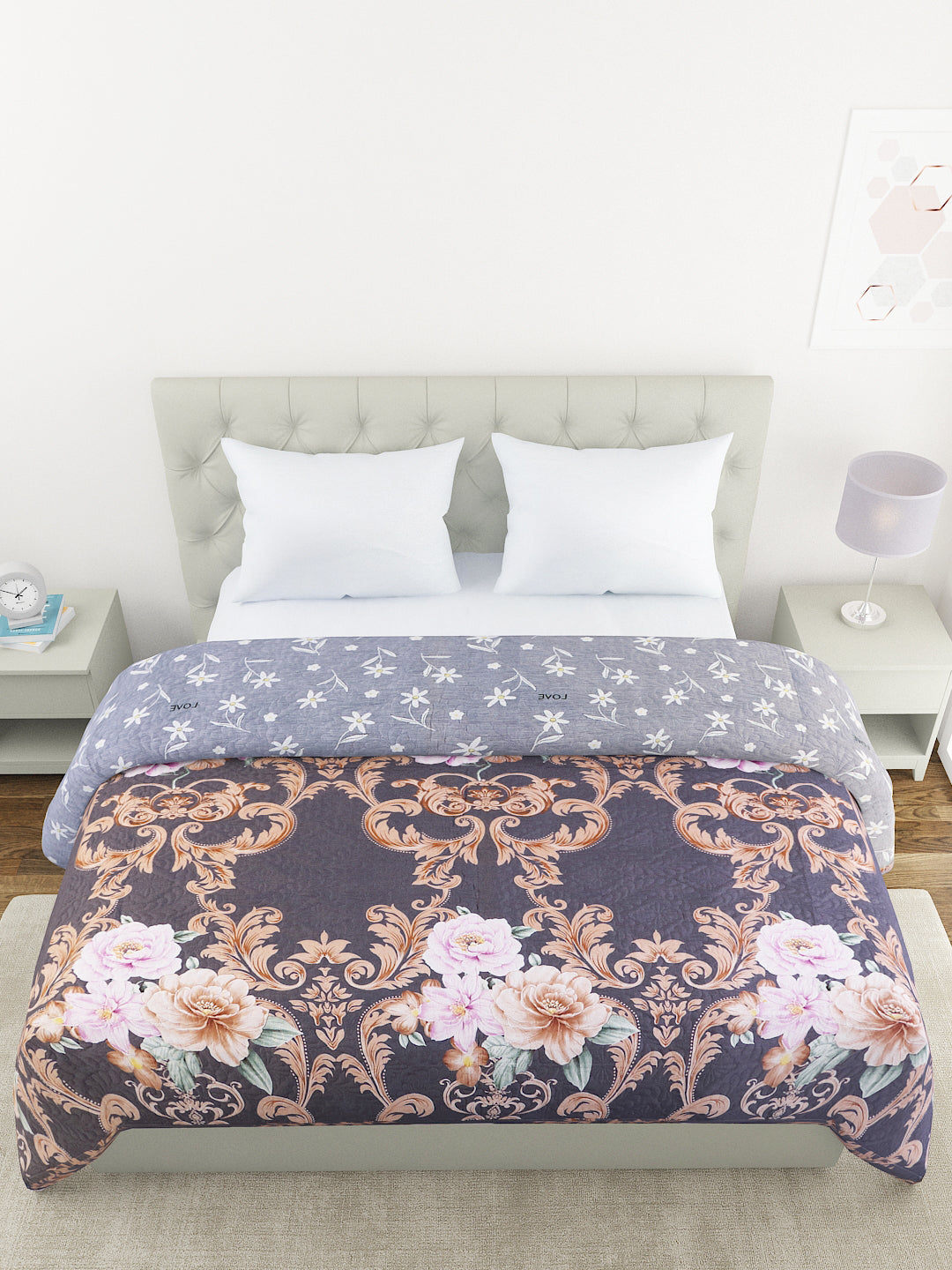Floral Print Double Bed Light Weight Comforter-Grey and Brown