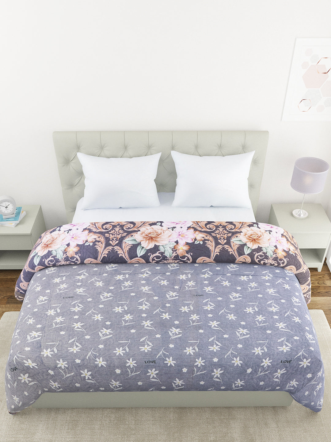 Floral Print Double Bed Light Weight Comforter-Grey and Brown