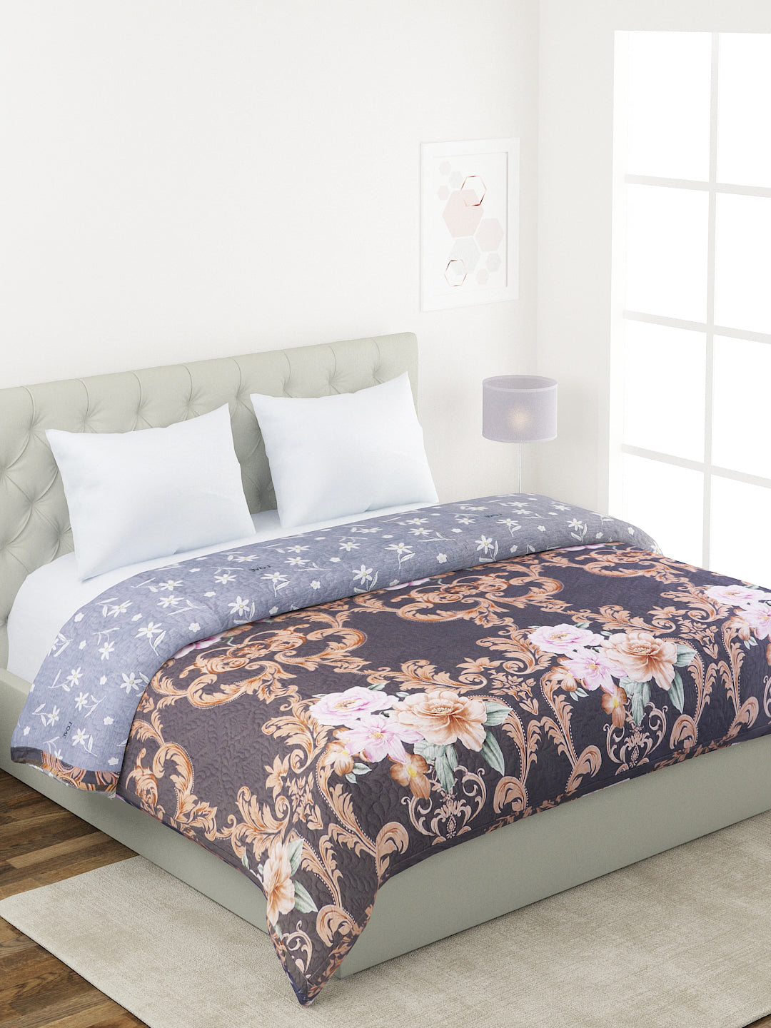 Floral Print Double Bed Light Weight Comforter-Grey and Brown