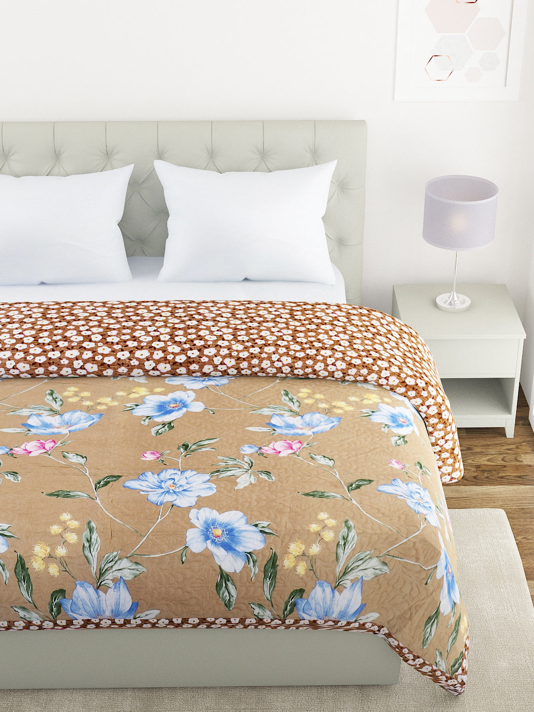 Floral Print Double Bed Light Weight Comforter-Camel Brown