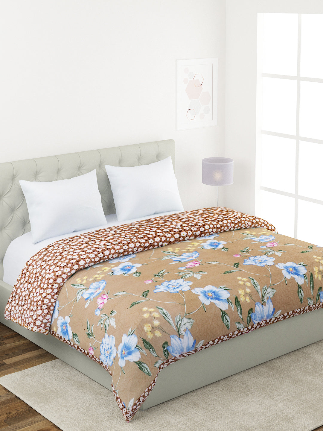 Floral Print Double Bed Light Weight Comforter-Camel Brown