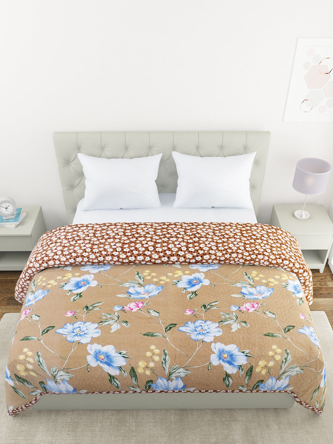 Floral Print Double Bed Light Weight Comforter-Camel Brown