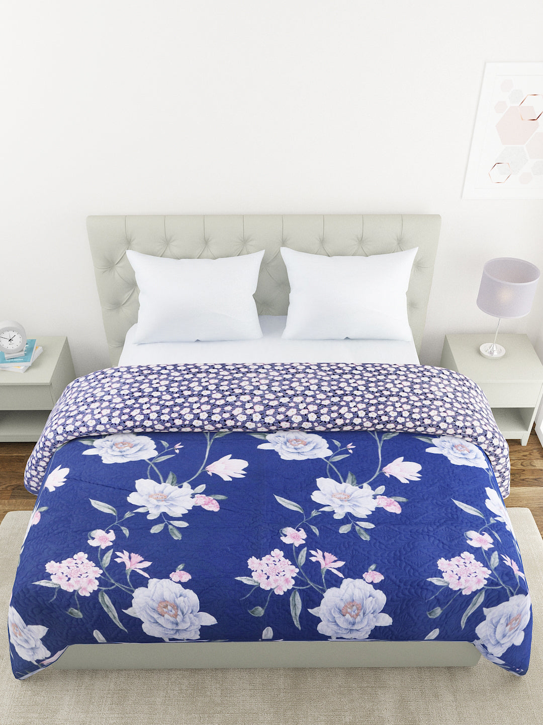Floral Print Double Bed Light Weight Comforter-Navy Blue