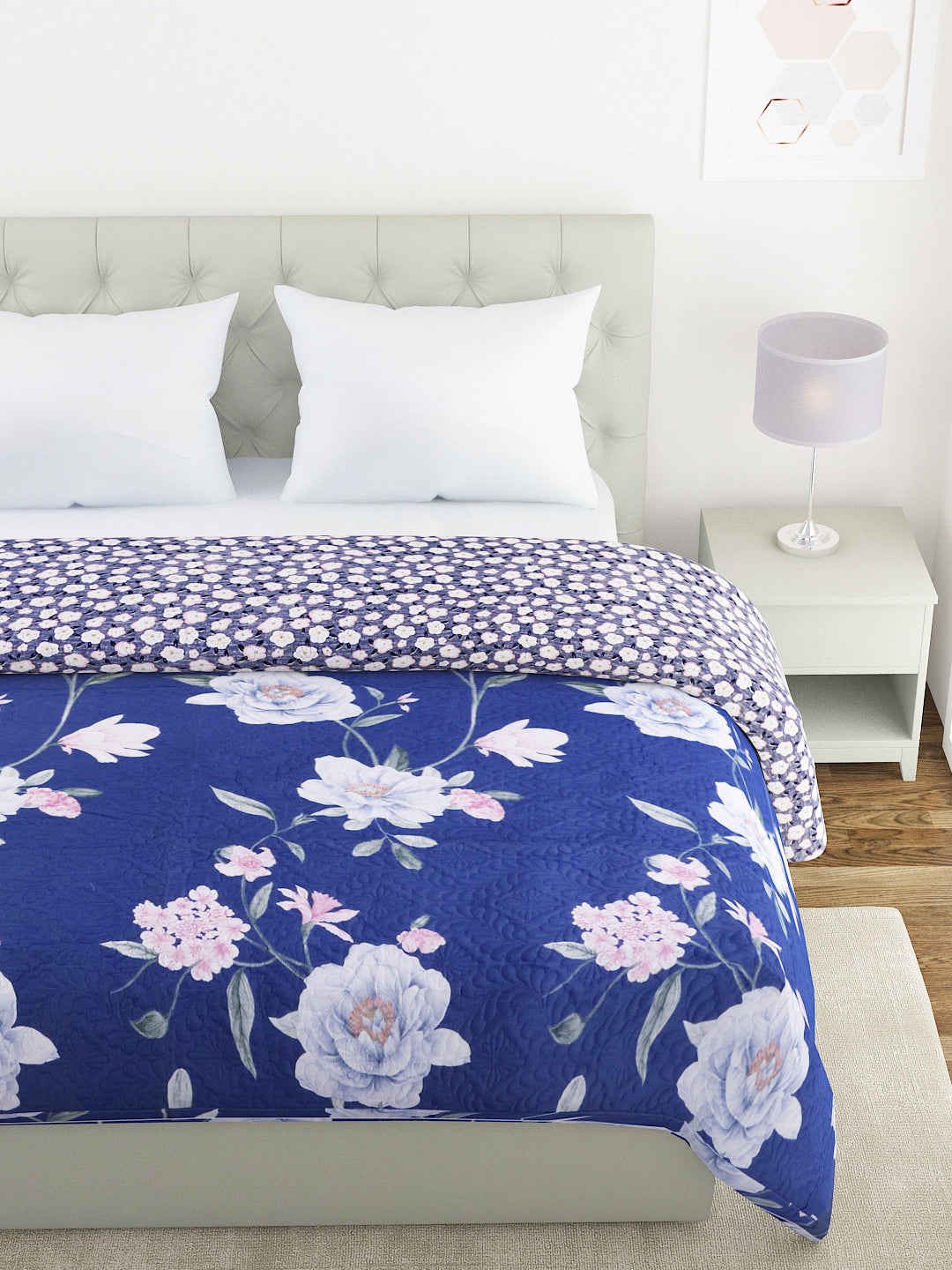 Floral Print Double Bed Light Weight Comforter-Navy Blue