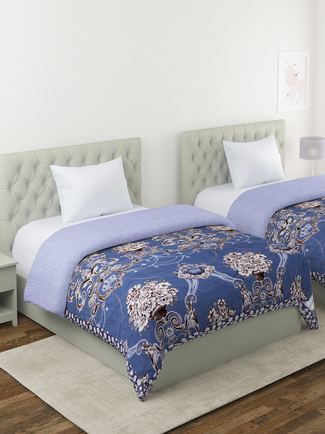 Floral Print Set of 2 Single Bed Light Weight Comforter-Royal Blue