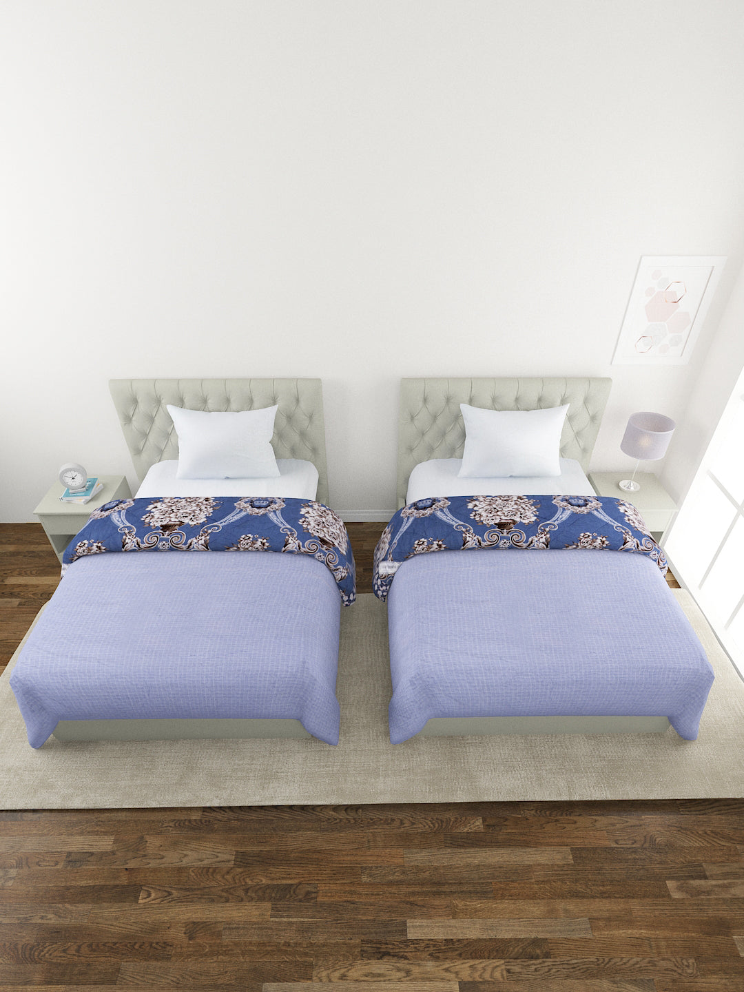 Floral Print Set of 2 Single Bed Light Weight Comforter-Royal Blue