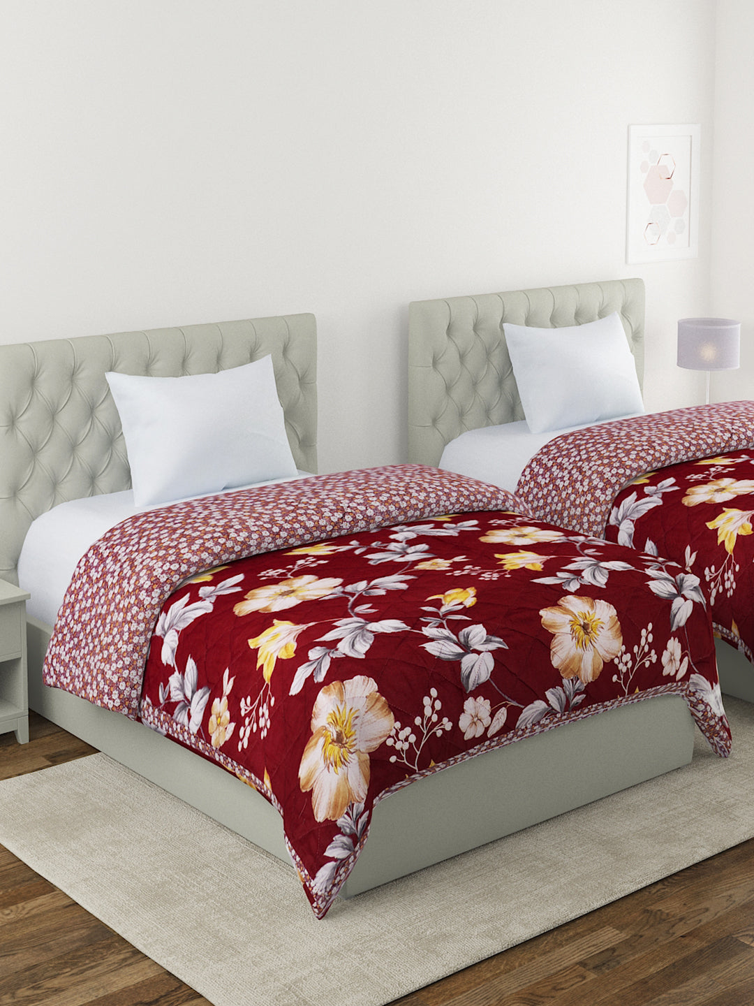Floral Print Set of 2 Single Bed Light Weight Comforter-Maroon