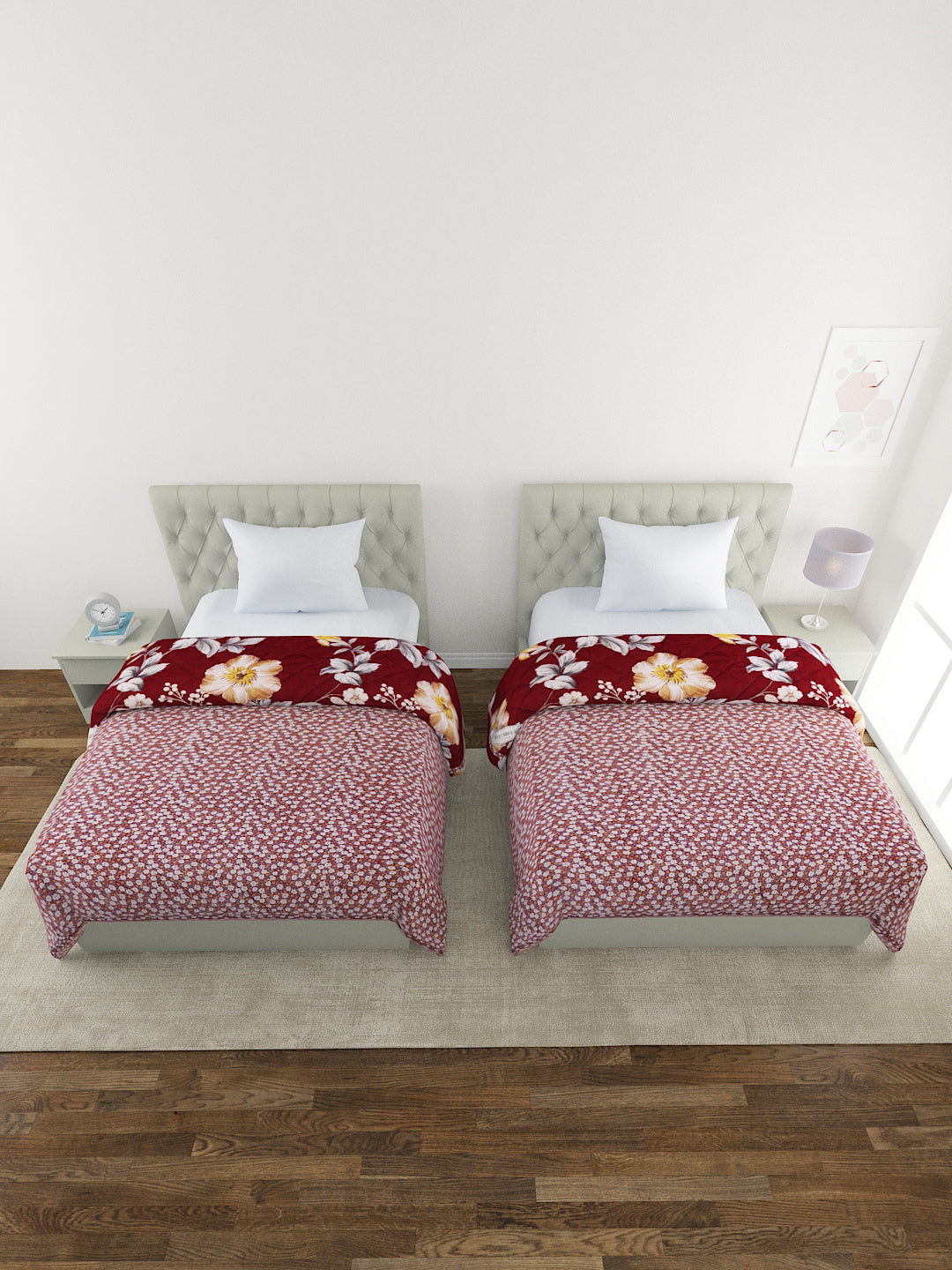 Floral Print Set of 2 Single Bed Light Weight Comforter-Maroon