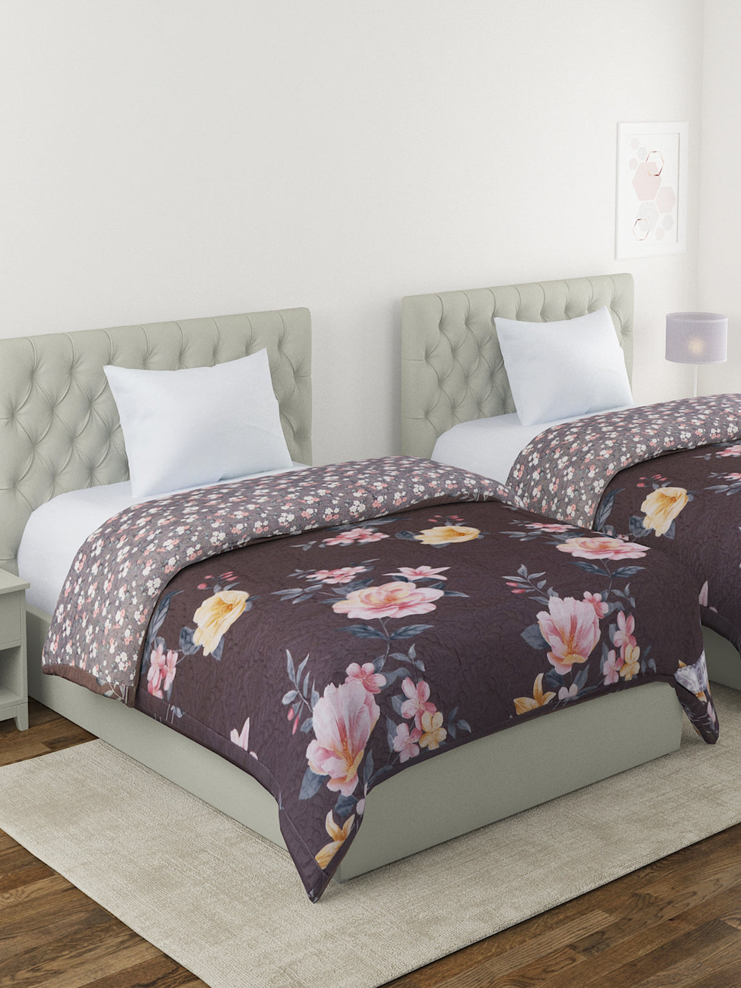 Floral Print Set of 2 Single Bed Light Weight Comforter-Dark Brown