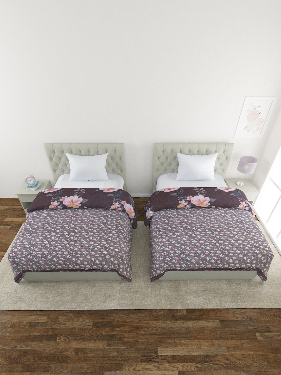 Floral Print Set of 2 Single Bed Light Weight Comforter-Dark Brown