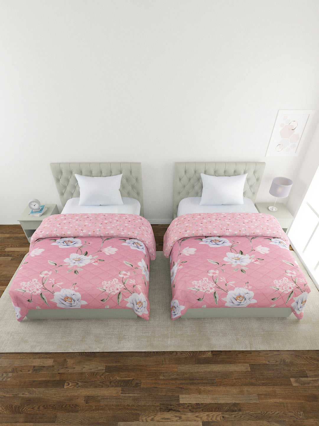 Floral Print Set of 2 Single Bed Light Weight Comforter-Pink