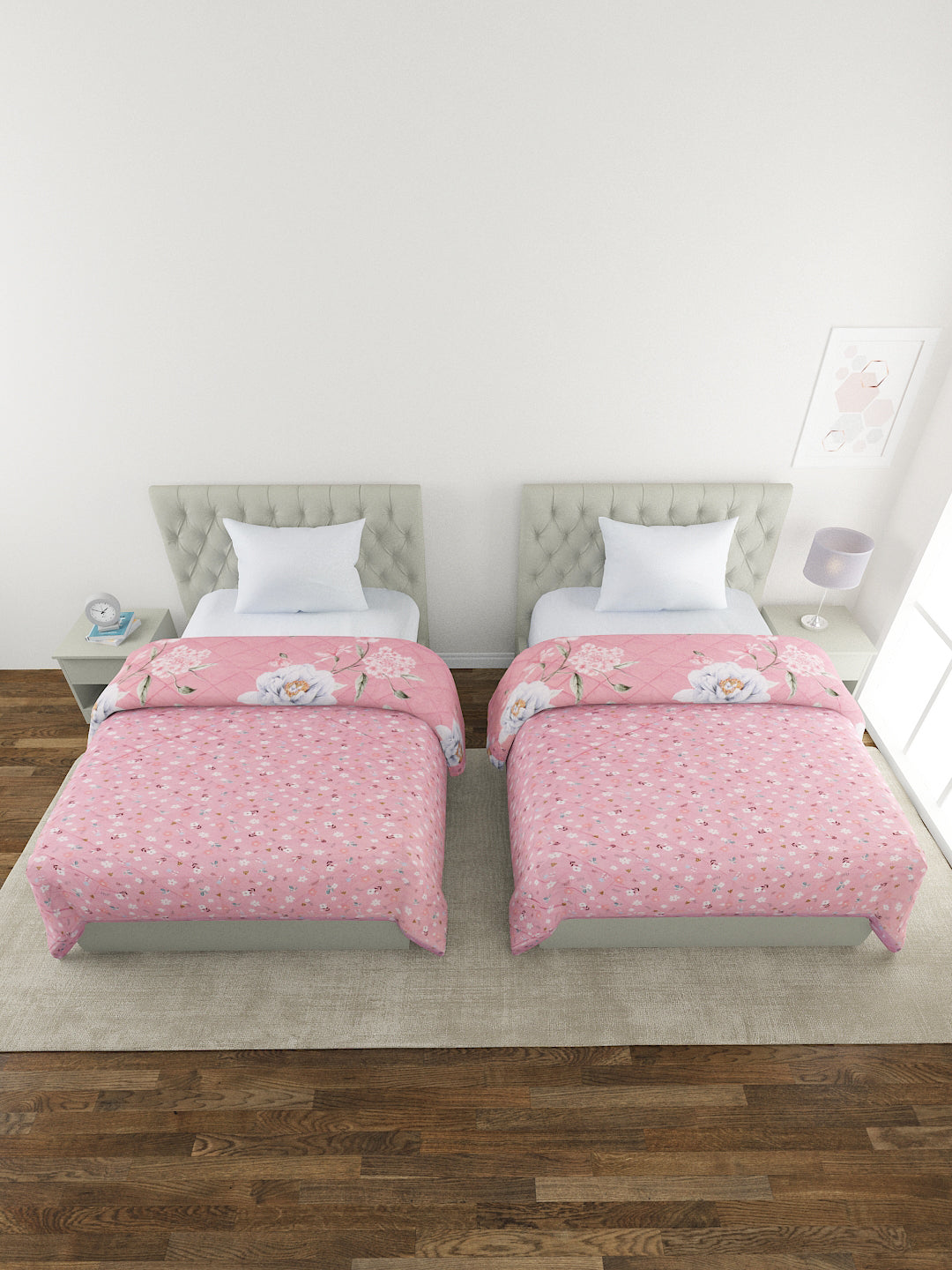 Floral Print Set of 2 Single Bed Light Weight Comforter-Pink