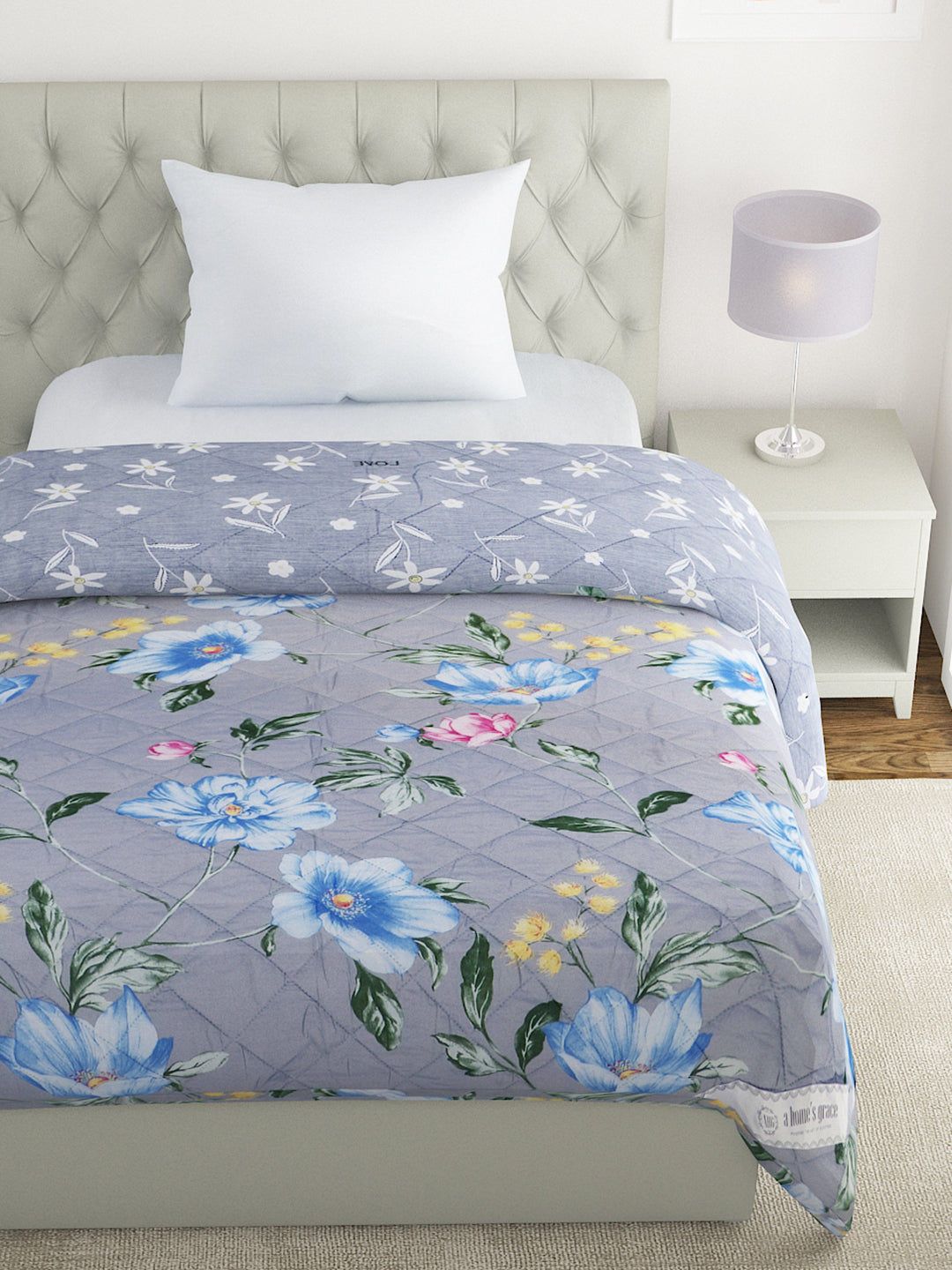 Floral Print Set of 2 Single Bed Light Weight Comforter-Grey and Blue