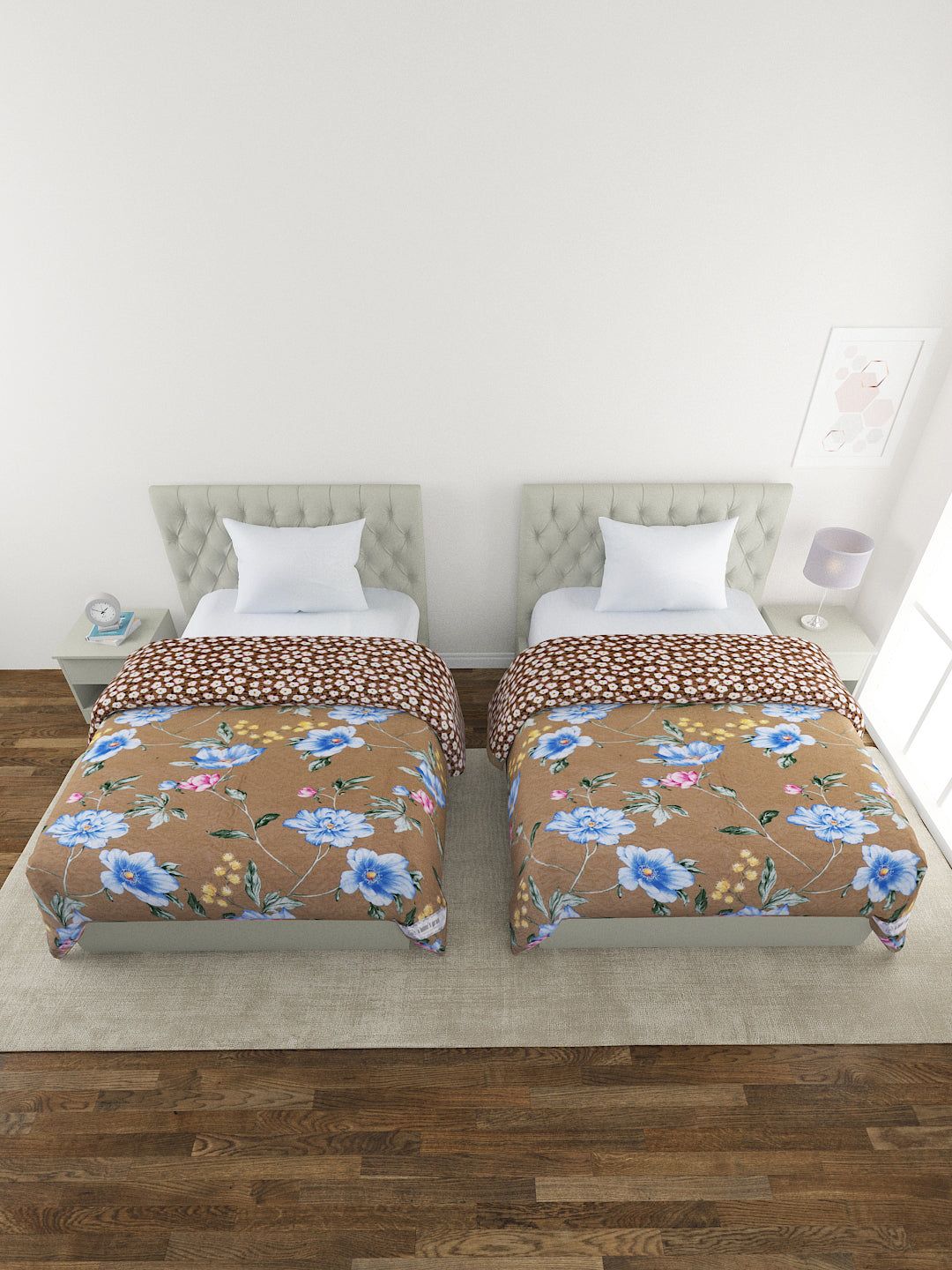 Floral Print Set of 2 Single Bed Light Weight Comforter-Camel Brown
