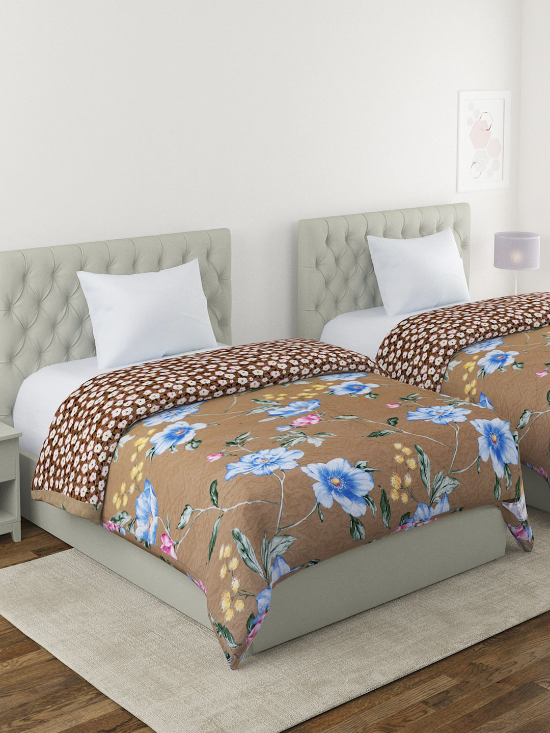 Floral Print Set of 2 Single Bed Light Weight Comforter-Camel Brown