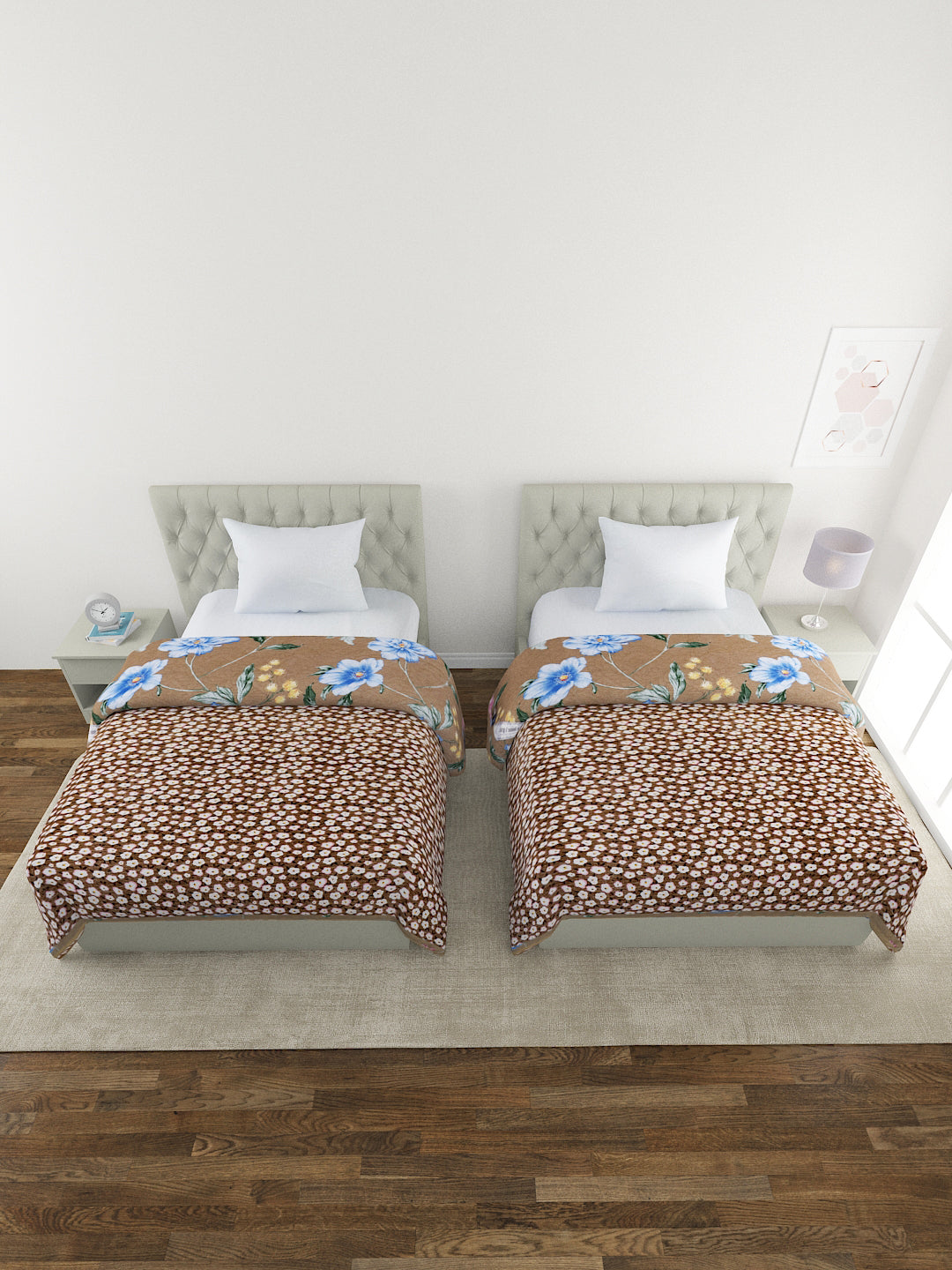 Floral Print Set of 2 Single Bed Light Weight Comforter-Camel Brown
