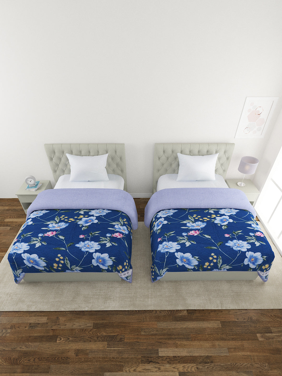Floral Print Set of 2 Single Bed Light Weight Comforter- Navy Blue