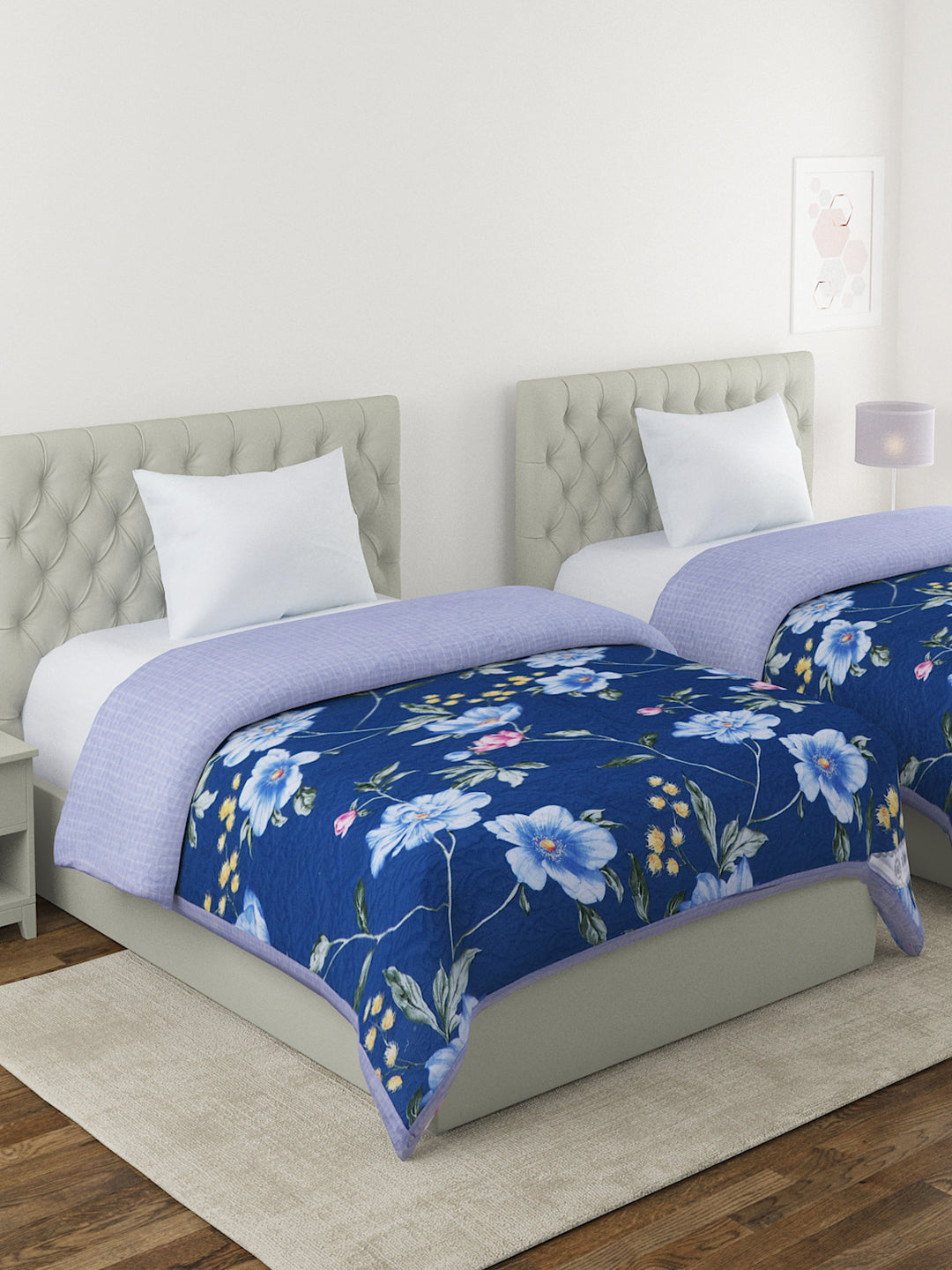 Floral Print Set of 2 Single Bed Light Weight Comforter- Navy Blue