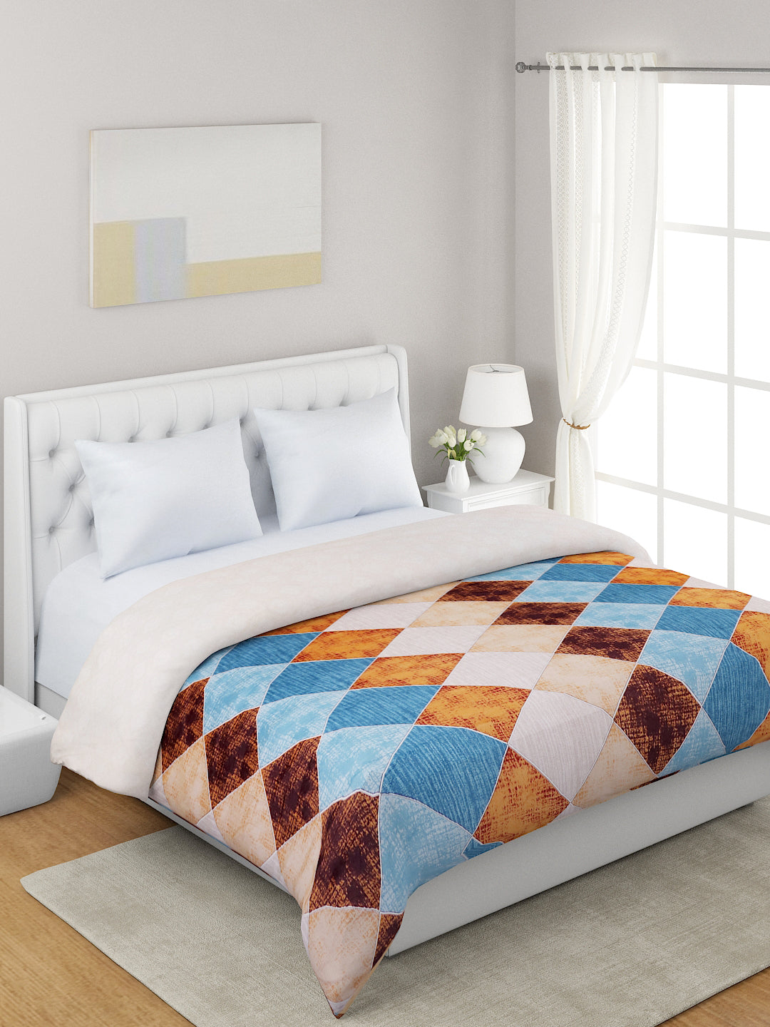 Beige & Blue Geometric 120 GSM Microfiber Double Bed Dohar