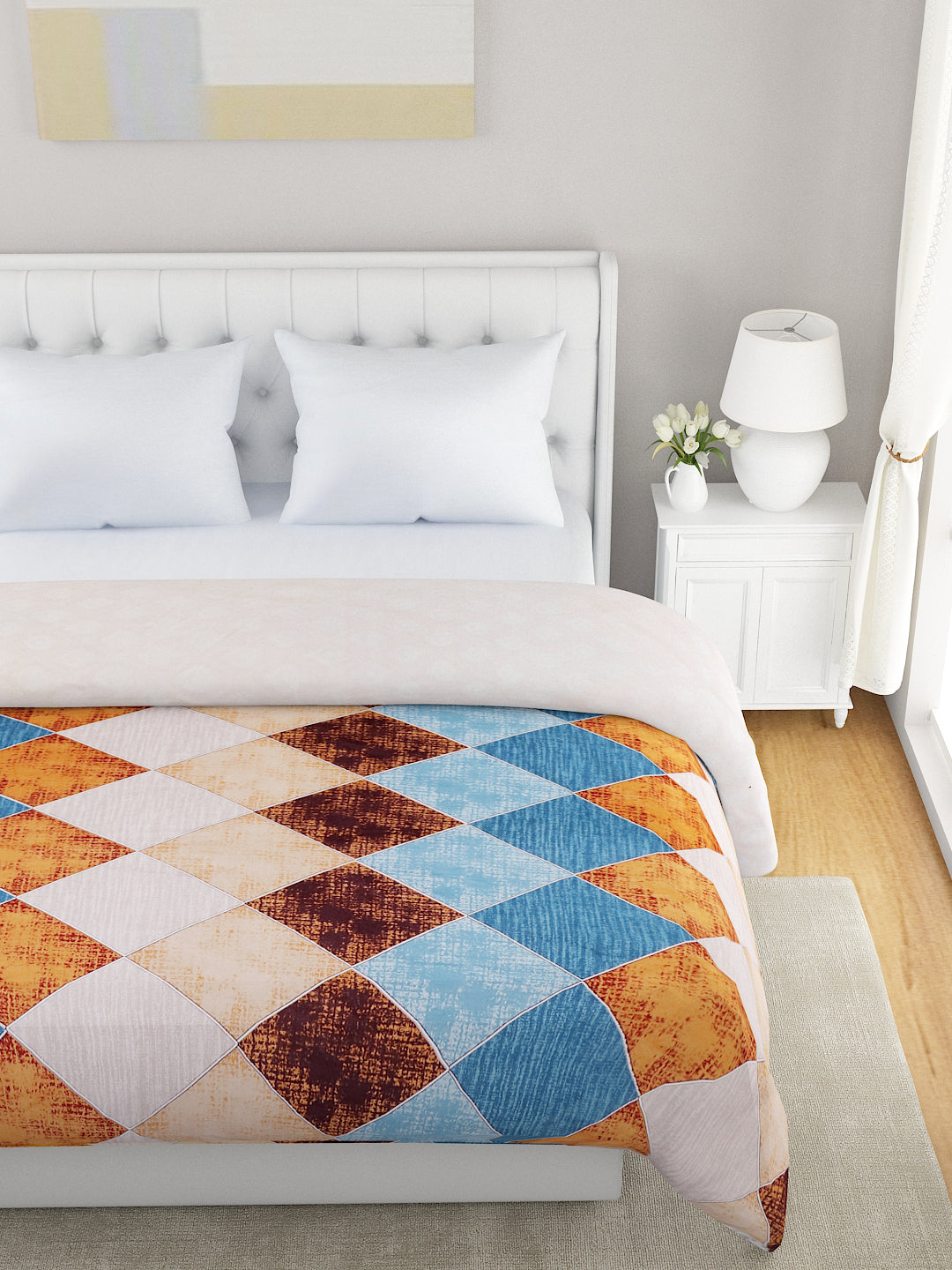 Beige & Blue Geometric 120 GSM Microfiber Double Bed Dohar