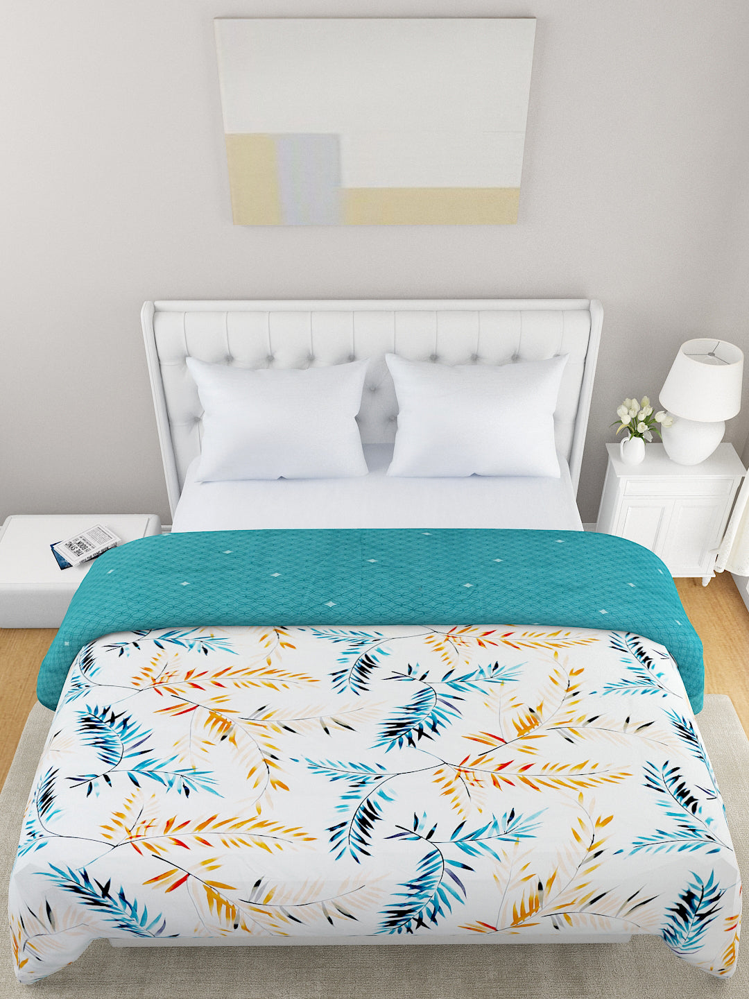 Off White & Teal Floral Printed Microfiber Summer 120 GSM Double Bed Dohar