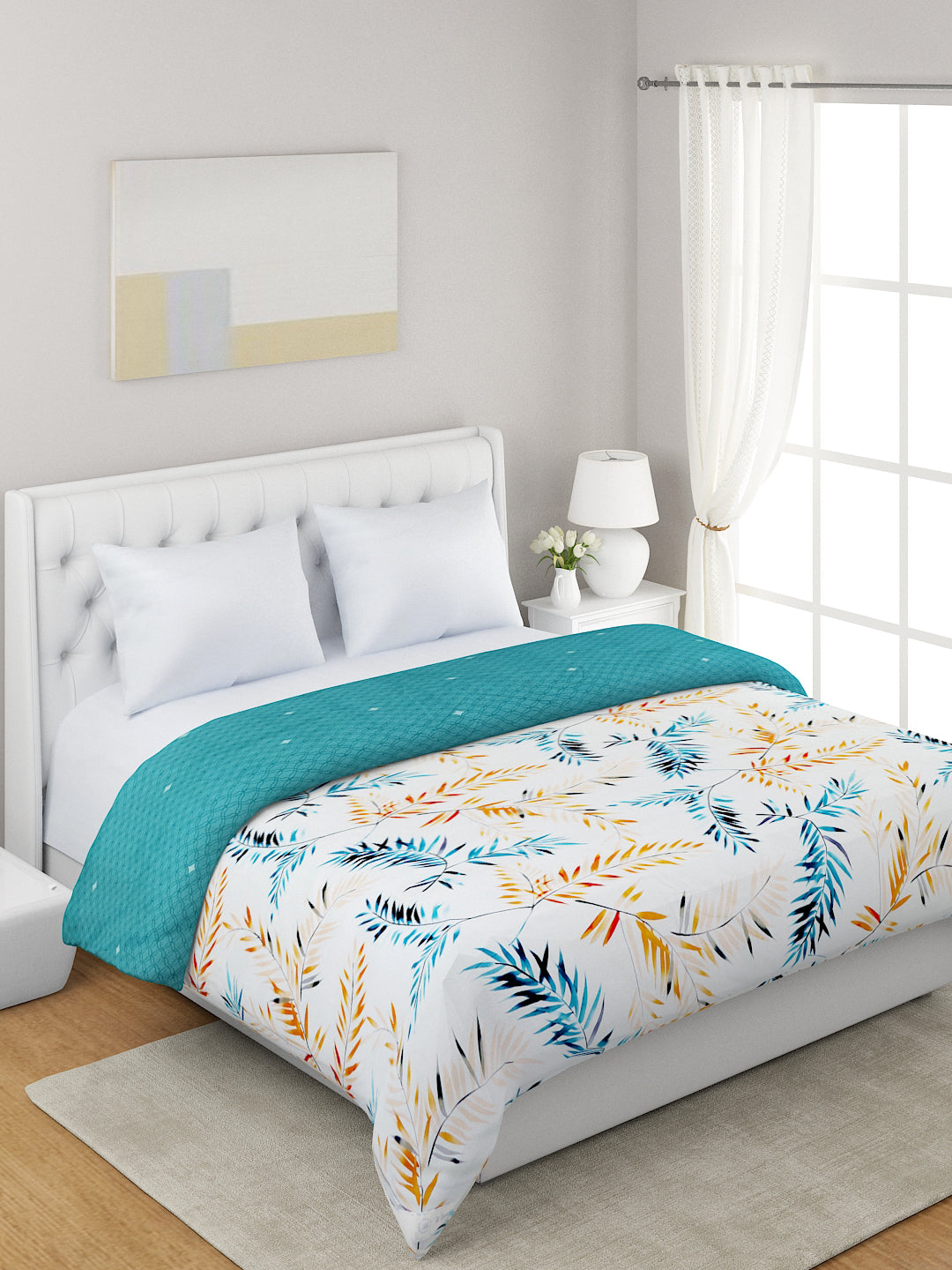Off White & Teal Floral Printed Microfiber Summer 120 GSM Double Bed Dohar