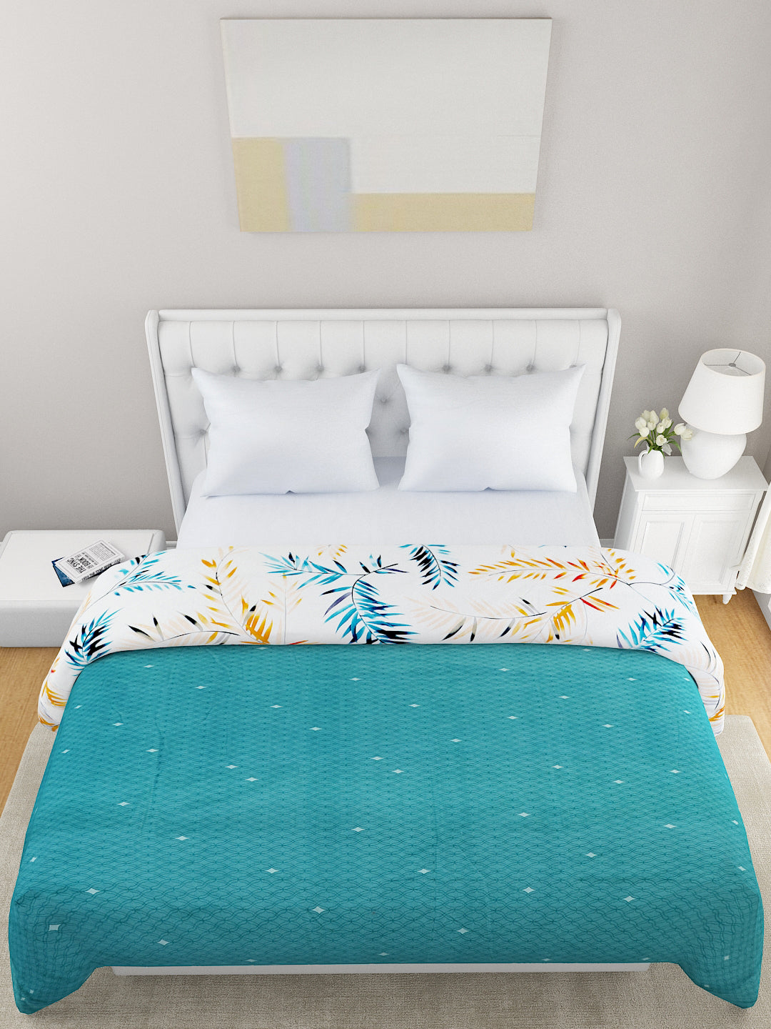Off White & Teal Floral Printed Microfiber Summer 120 GSM Double Bed Dohar