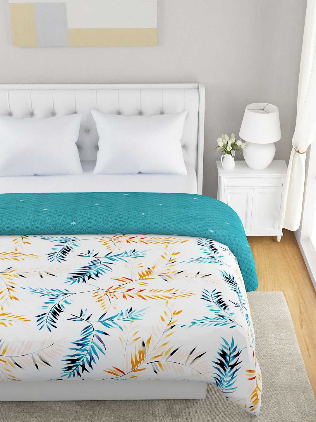 Off White & Teal Floral Printed Microfiber Summer 120 GSM Double Bed Dohar