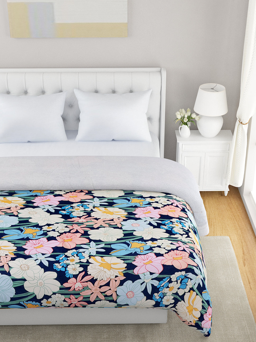 Blue & White Floral Printed Microfiber Summer 120 GSM Double Bed Dohar