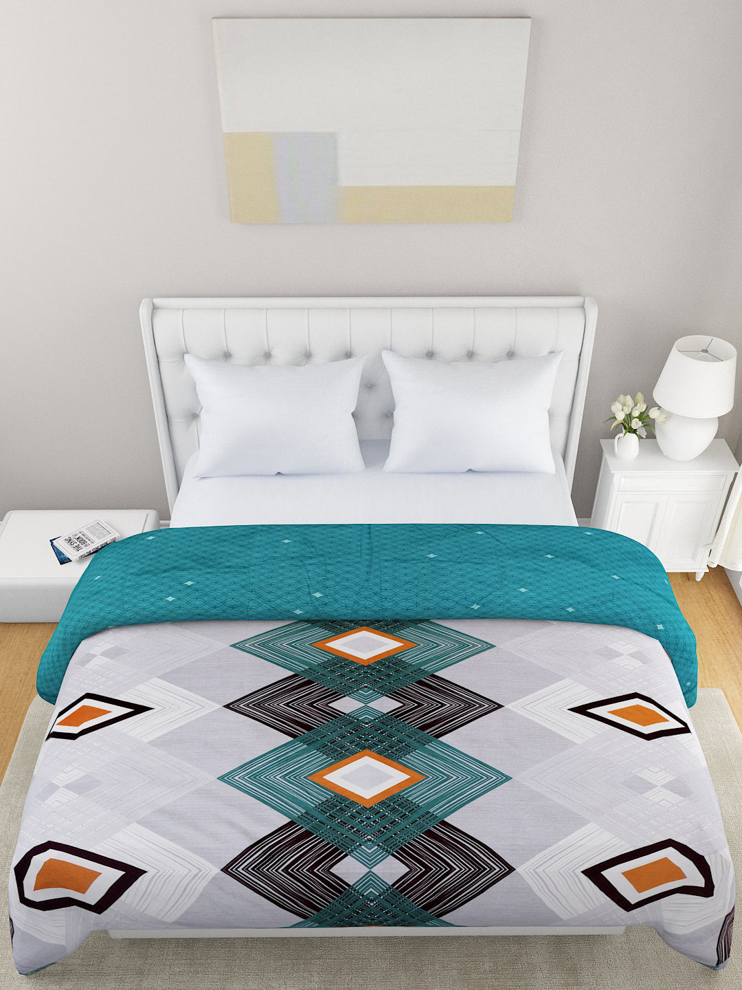 Teal & Blue Geometric Printed Microfiber Summer 120 GSM Double Bed Dohar