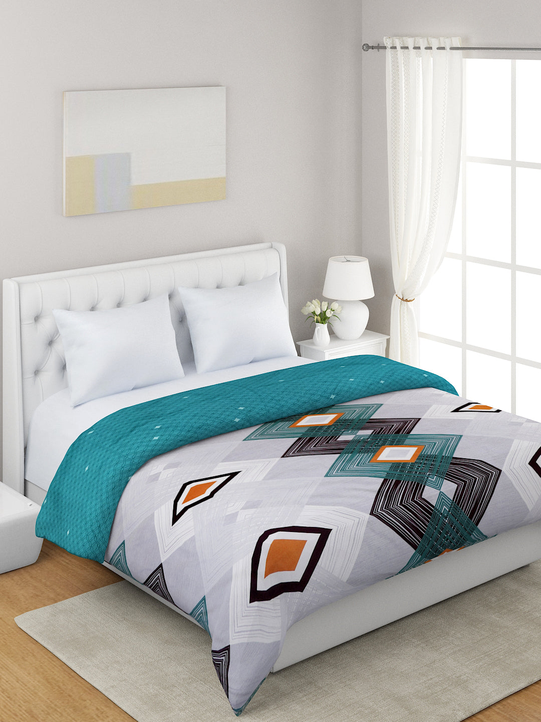 Teal & Blue Geometric Printed Microfiber Summer 120 GSM Double Bed Dohar