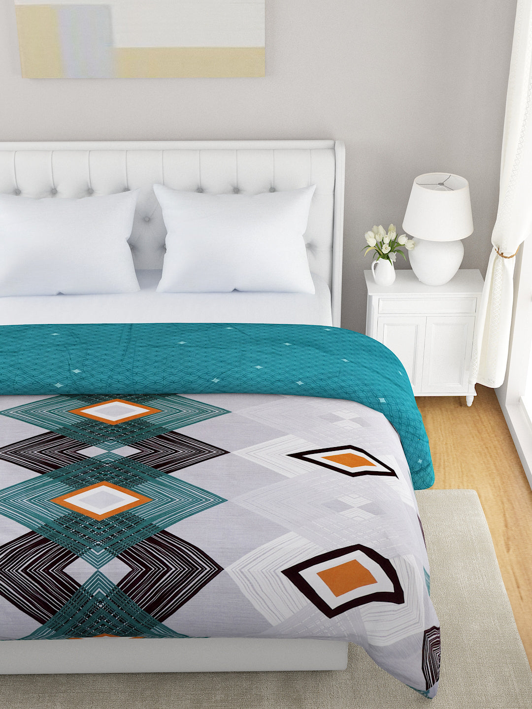 Teal & Blue Geometric Printed Microfiber Summer 120 GSM Double Bed Dohar