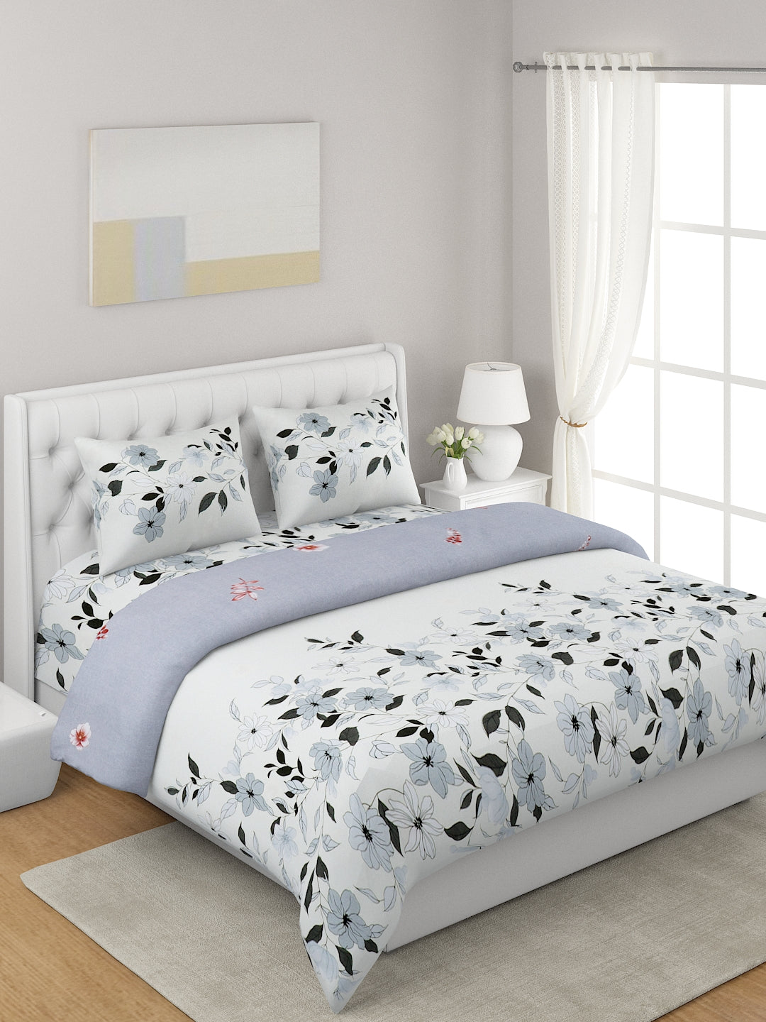 Grey & White Floral Printed Double Queen Bedding Set