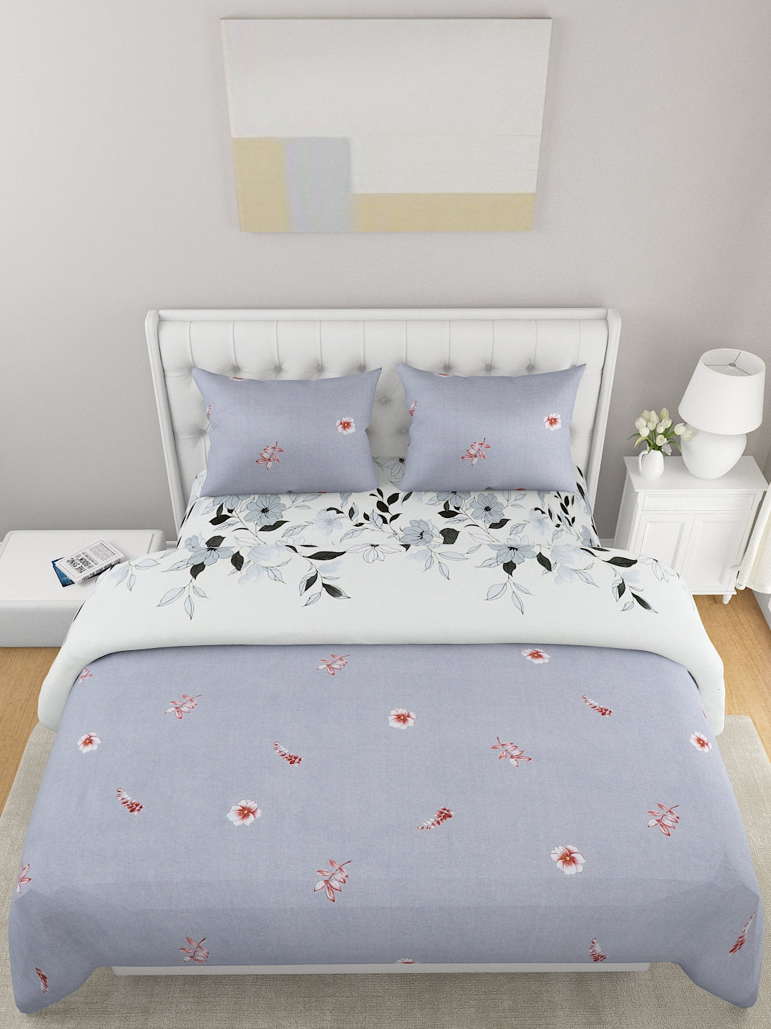 Grey & White Floral Printed Double Queen Bedding Set