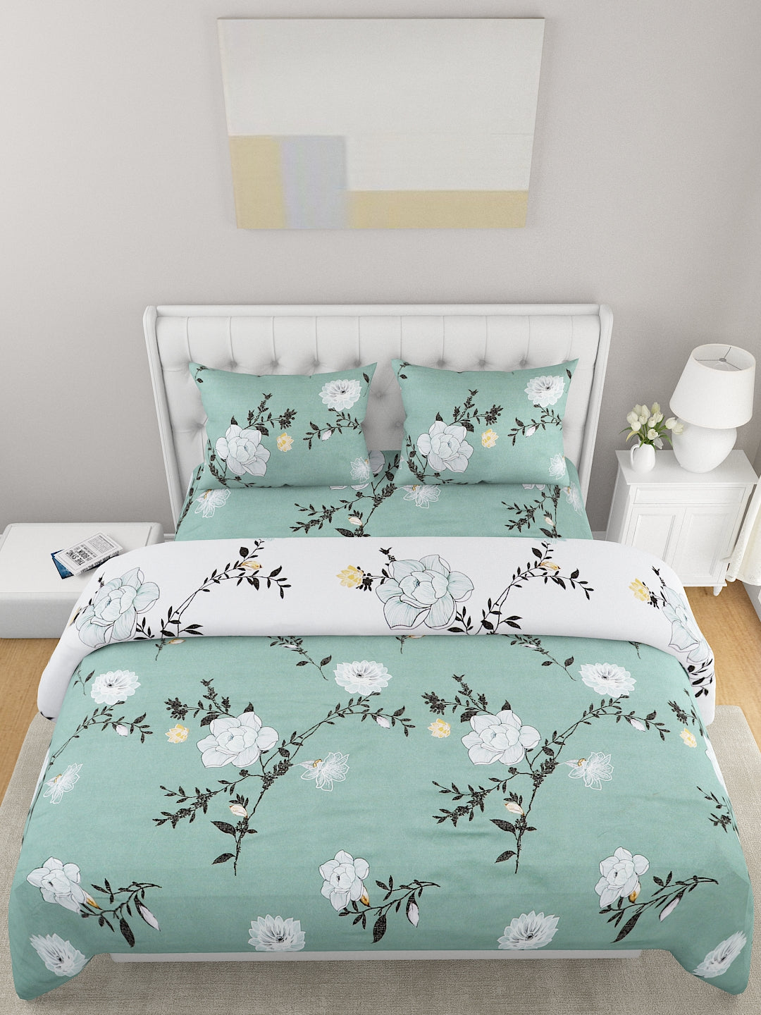 Green & White 4 Pcs Floral Printed Double Queen Bedding Set