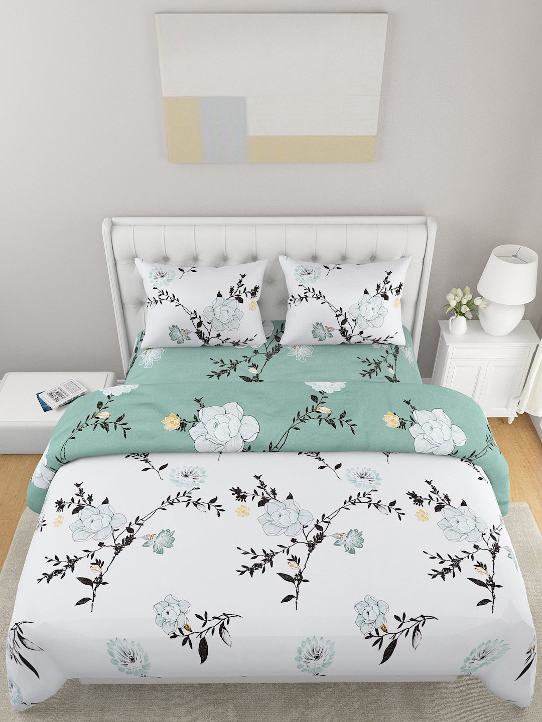 Green & White 4 Pcs Floral Printed Double Queen Bedding Set
