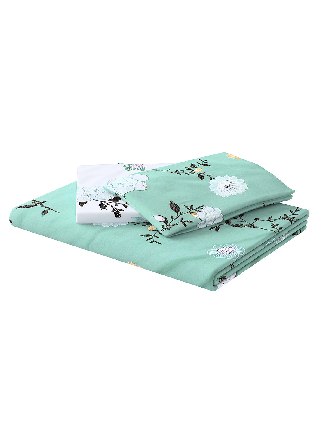 Green & White 4 Pcs Floral Printed Double Queen Bedding Set