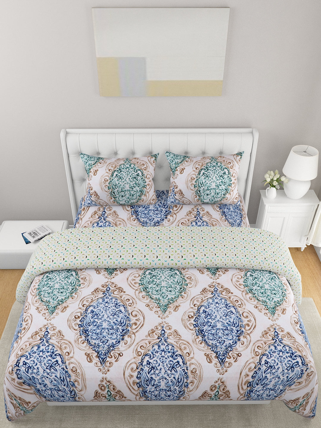 4-Pcs White Printed Double Queen Bedding Set