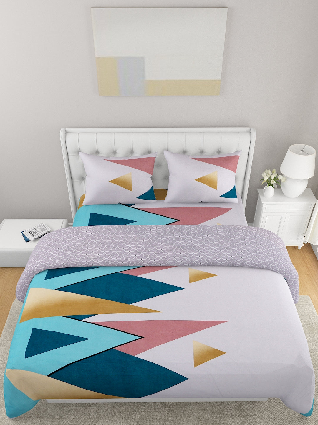 White Blue Printed Double Queen Bedding Set