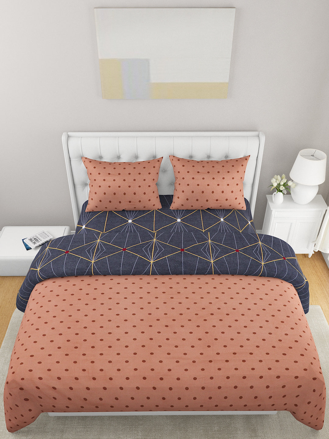 Dark Grey & Copper 4 Pcs Geometric Printed Double Queen Bedding Set