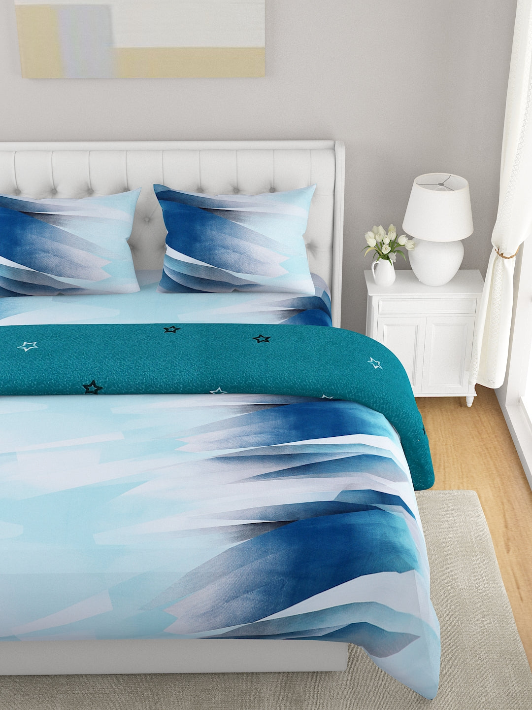 Blue & Green 4-Pcs Printed Double Queen Bedding Set